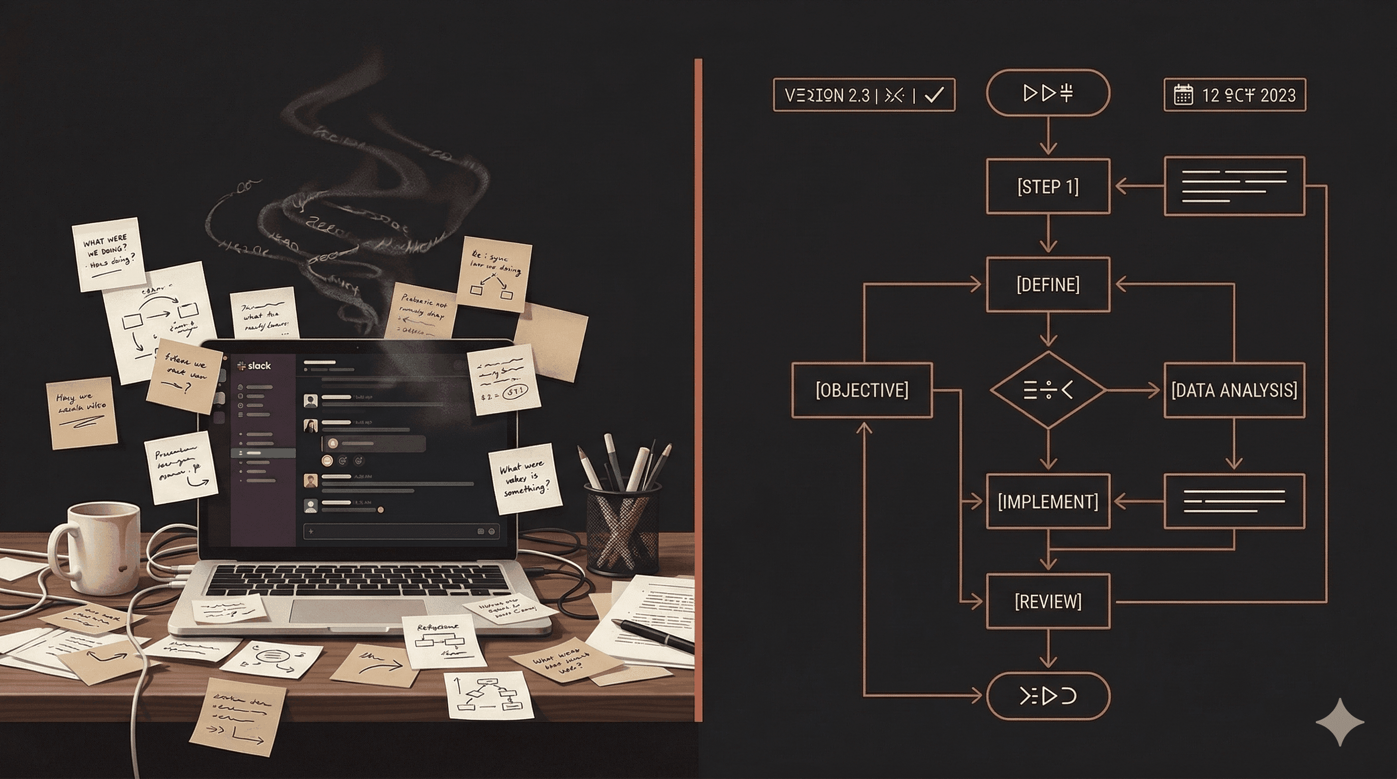 Humorous illustration of Sarah triumphantly holding a golden Skill scroll while Marcus drowns in a mountain of scattered prompts in a modern tech office